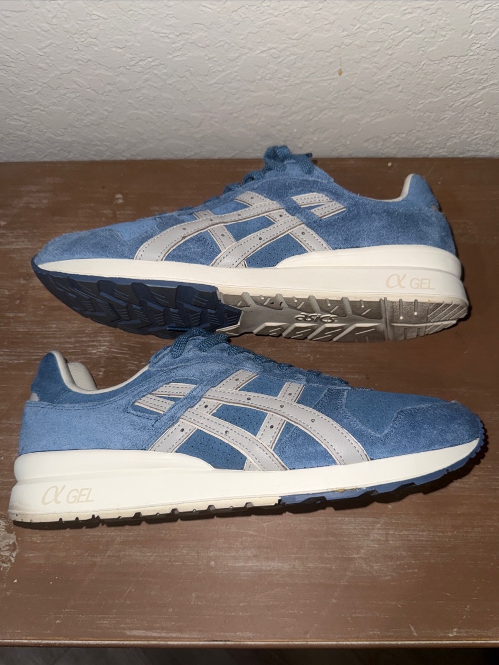 Asics Blue Suede Alpha Gel Sneakers with Light Gray Stripes
